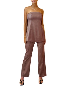 Стильный женский комплект из двух предметов Plisse - топ-труба Y2K без бретелек с широкими расклешенными брюками - идеальный костюм для любого
