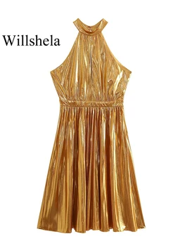 Willshela Женское модное золотое плиссированное платье Миди с боковой молнией, винтажные женские платья без рукавов с бретельками на шее, шикарные женские платья