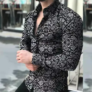 Мужская рубашка с отворотом и воротником Slim Fit, мужская рубашка с отворотом в полоску и горошек, стильная однобортная повседневная рабочая одежда с длинным рукавом Slim Fit