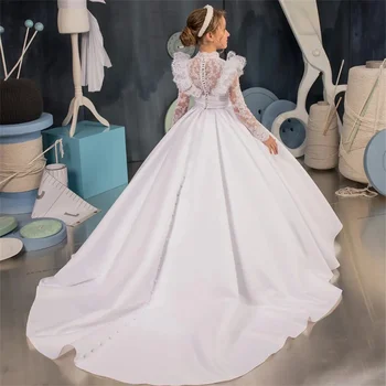 Белое атласное платье в цветочек для девочки, Кружевное Блестящее Свадебное платье с длинным рукавом, Элегантное Платье принцессы для причастия в виде Маленького Цветочка для ребенка