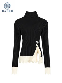 Модный Простой вязаный свитер с высоким воротом Винтажный Офисный женский Готический Французский Пуловеры в стиле Пэчворк Шикарная осенне-зимняя уличная одежда