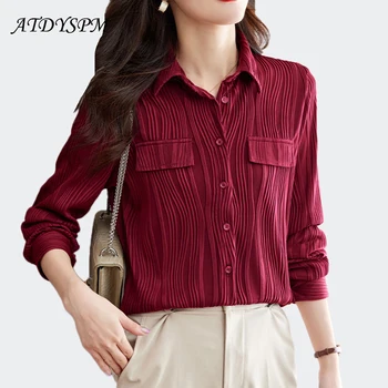 2024 Новая женская блузка Шикарная текстура, однотонные топы, винтажные блузки, повседневные офисные рубашки с отворотом и длинным рукавом, одежда