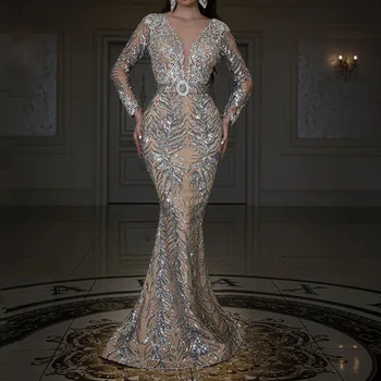 2023 новое европейское и американское женское платье hot gold с длинным рукавом, тонкое сексуальное вечернее платье с шваброй в виде рыбьего хвоста