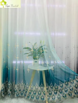 СероГолубые прозрачные шторы с градиентной сеткой с вышивкой для гостиной спальни Тюль с кружевным низом Тонкие шторы для обработки окон